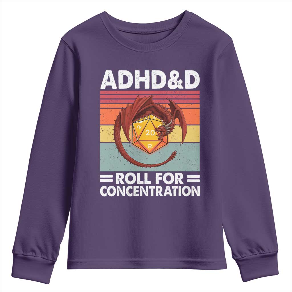 ADHD&D Roll For Concentration Youth Sweatshirt Funny RPG Gamer D20 Tabletop Dice TS11 Purple Print Your Wear