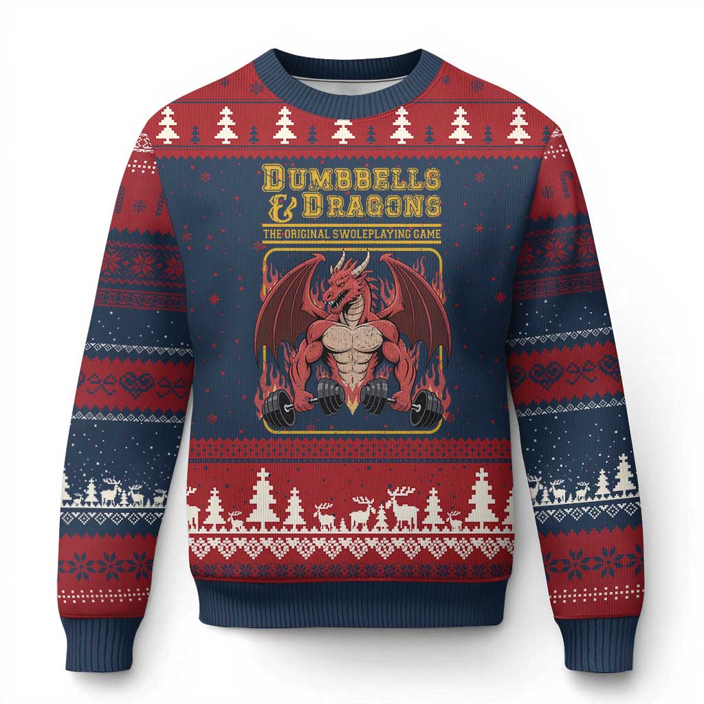 Funny RPG Workout Gym Nerd Ugly Christmas Sweater Dumbbells And Dragons The Original Swoleplaying Game TS11 Navy Red Print Your Wear