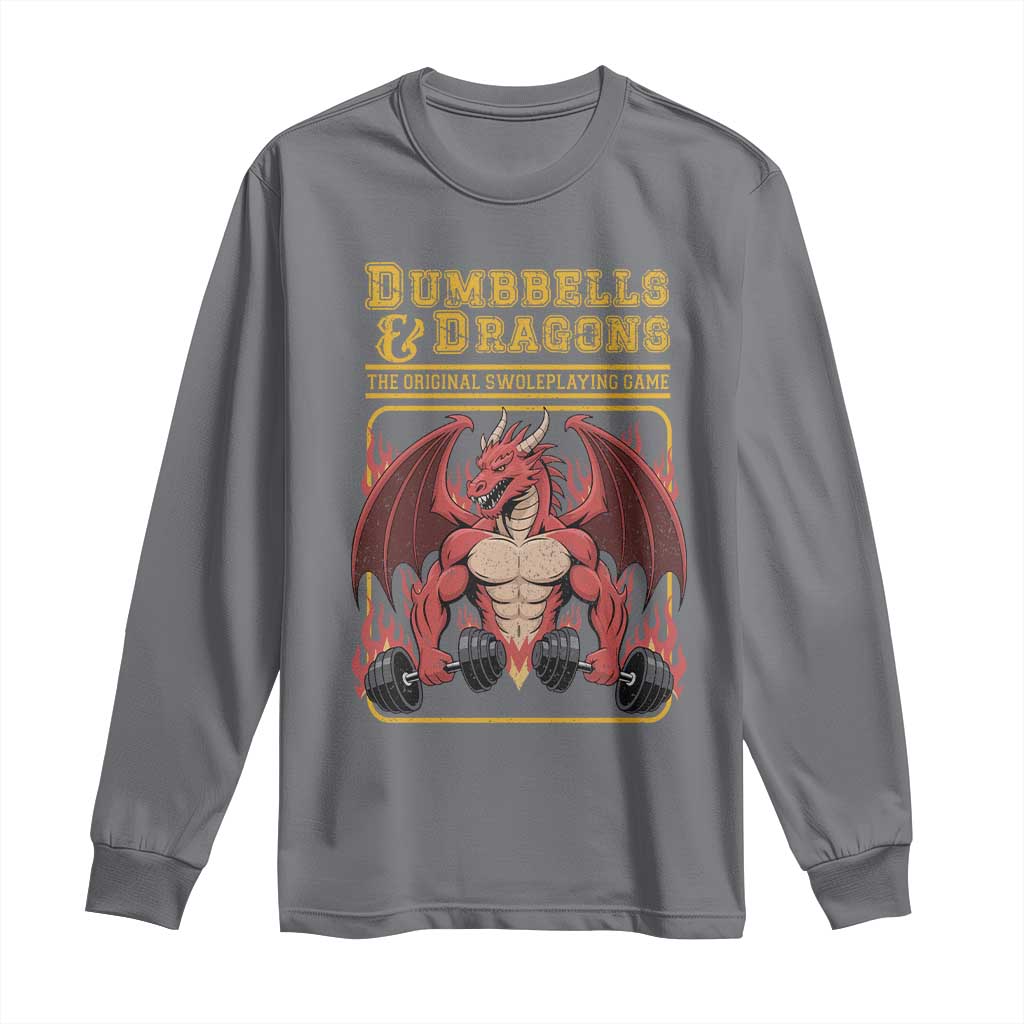 Funny RPG Workout Gym Nerd Long Sleeve Shirt Dumbbells And Dragons The Original Swoleplaying Game TS11 Charcoal Print Your Wear