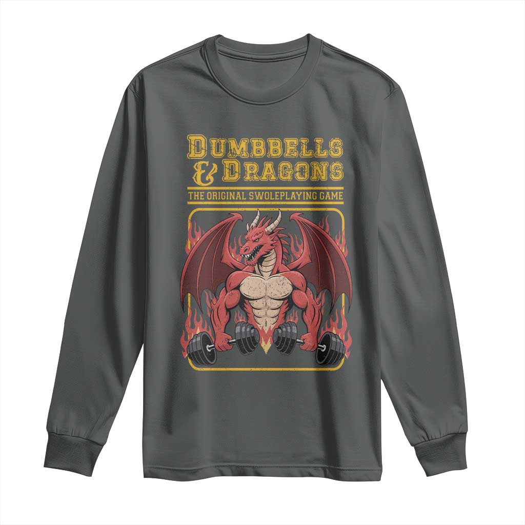 Funny RPG Workout Gym Nerd Long Sleeve Shirt Dumbbells And Dragons The Original Swoleplaying Game TS11 Dark Heather Print Your Wear