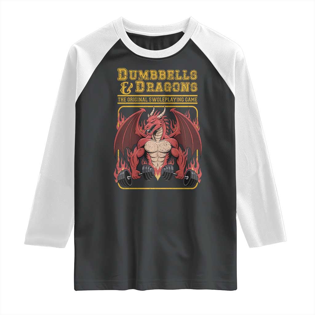 Funny RPG Workout Gym Nerd Raglan Shirt Dumbbells And Dragons The Original Swoleplaying Game TS11 Black White Print Your Wear
