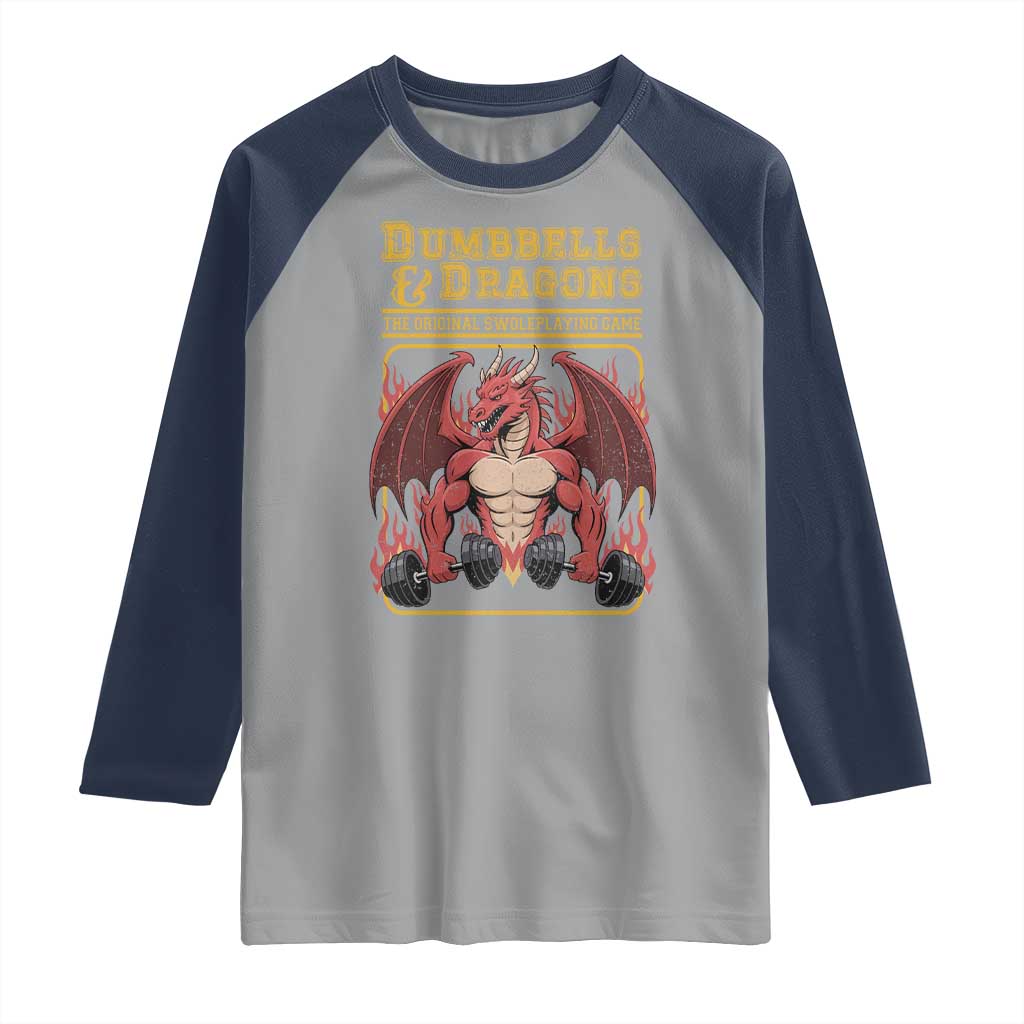 Funny RPG Workout Gym Nerd Raglan Shirt Dumbbells And Dragons The Original Swoleplaying Game TS11 Sport Gray Navy Print Your Wear