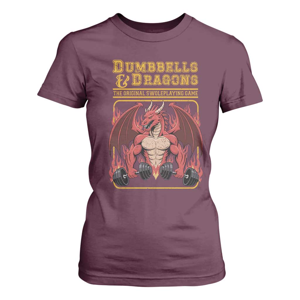 Funny RPG Workout Gym Nerd T Shirt For Women Dumbbells And Dragons The Original Swoleplaying Game TS11 Maroon Print Your Wear