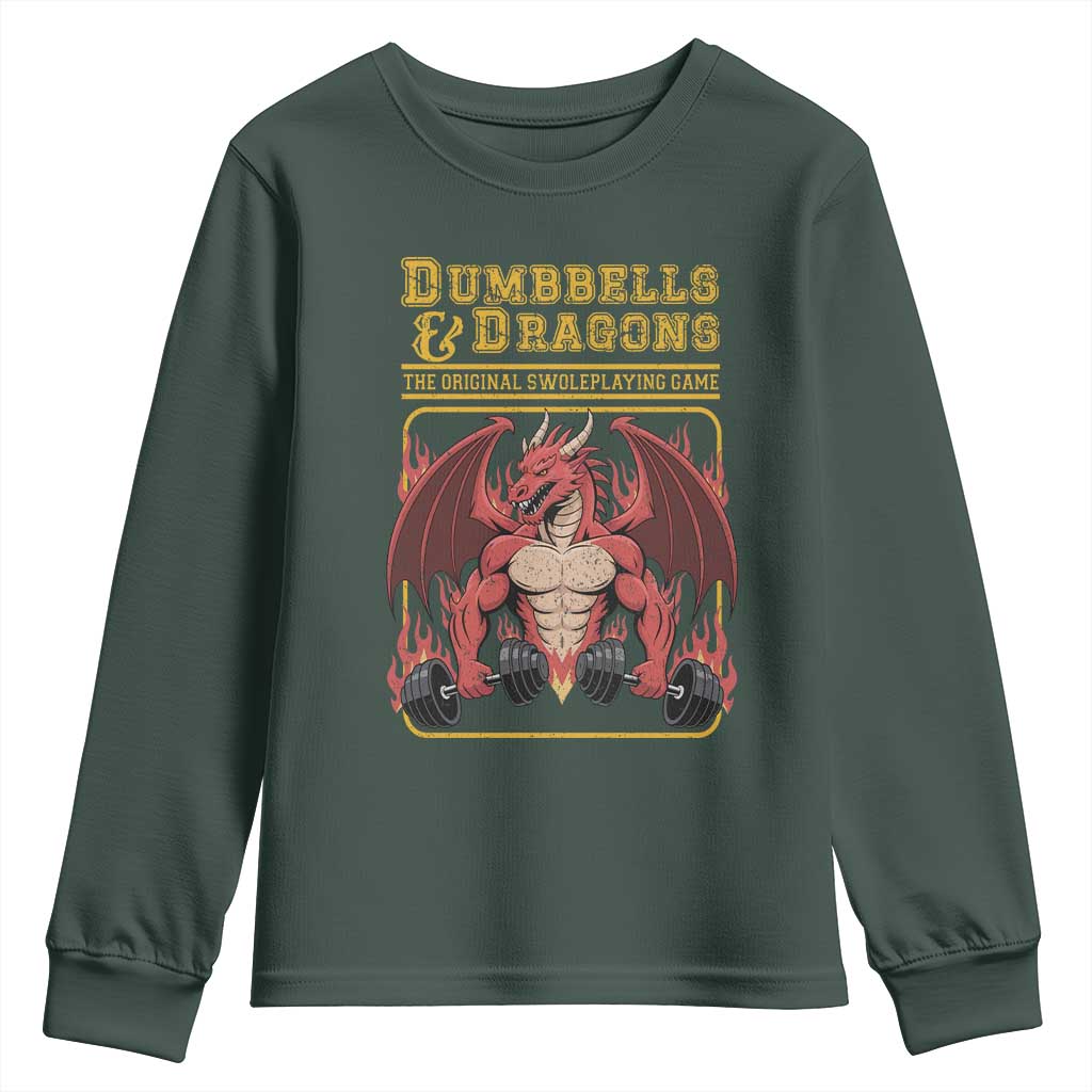 Funny RPG Workout Gym Nerd Youth Sweatshirt Dumbbells And Dragons The Original Swoleplaying Game TS11 Dark Forest Green Print Your Wear