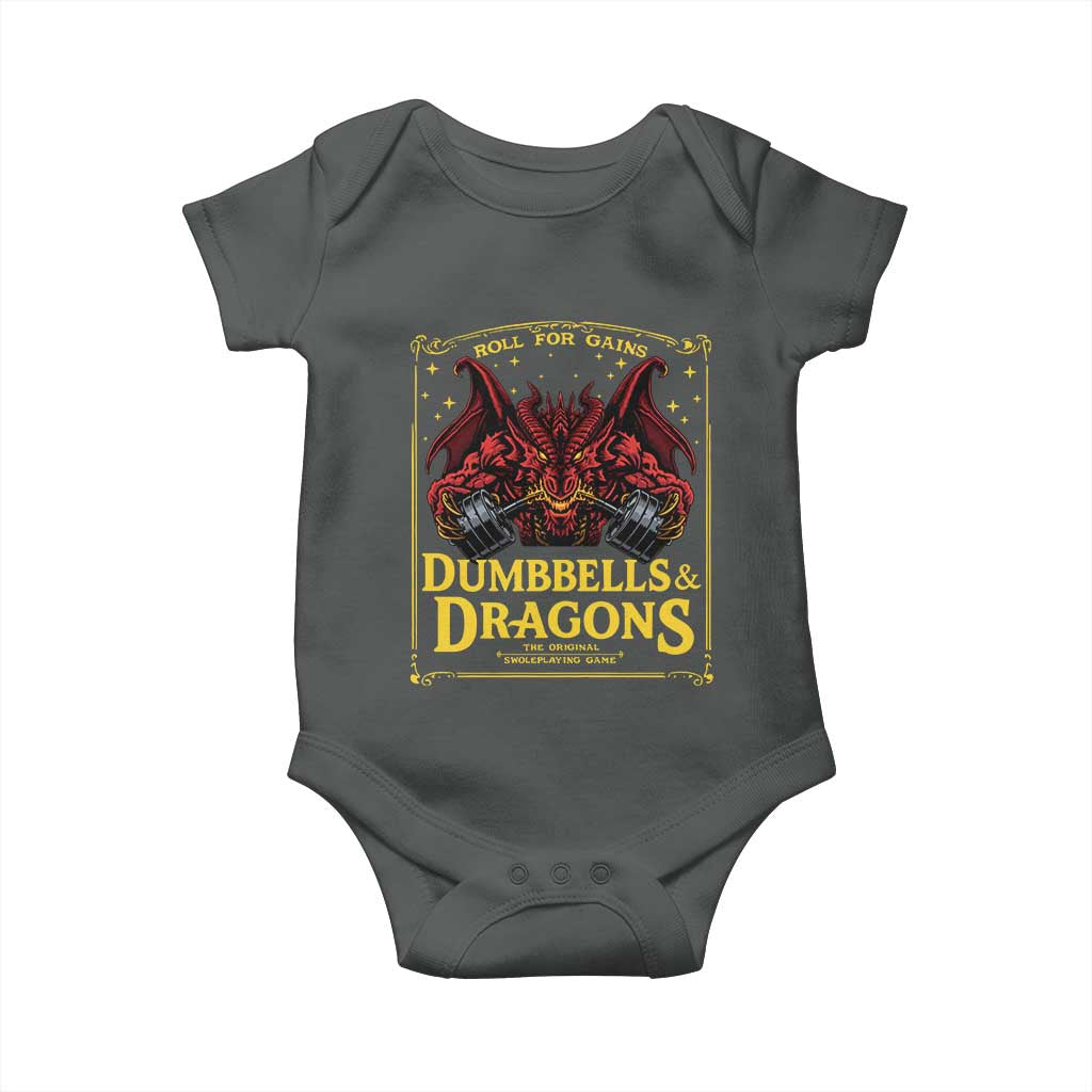 Funny RPG Weightlifting Workout Gym Baby Onesie Dumbbells And Dragons The Original Swoleplaying Game TS11 Dark Heather Print Your Wear