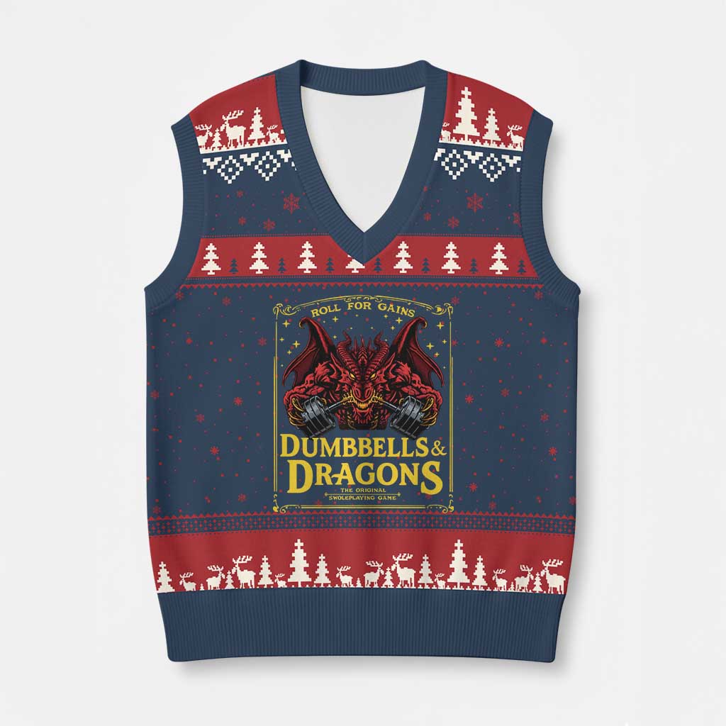 Funny RPG Weightlifting Workout Gym V-Neck Knit Sweater Vest Dumbbells And Dragons The Original Swoleplaying Game TS11 Navy Red Print Your Wear