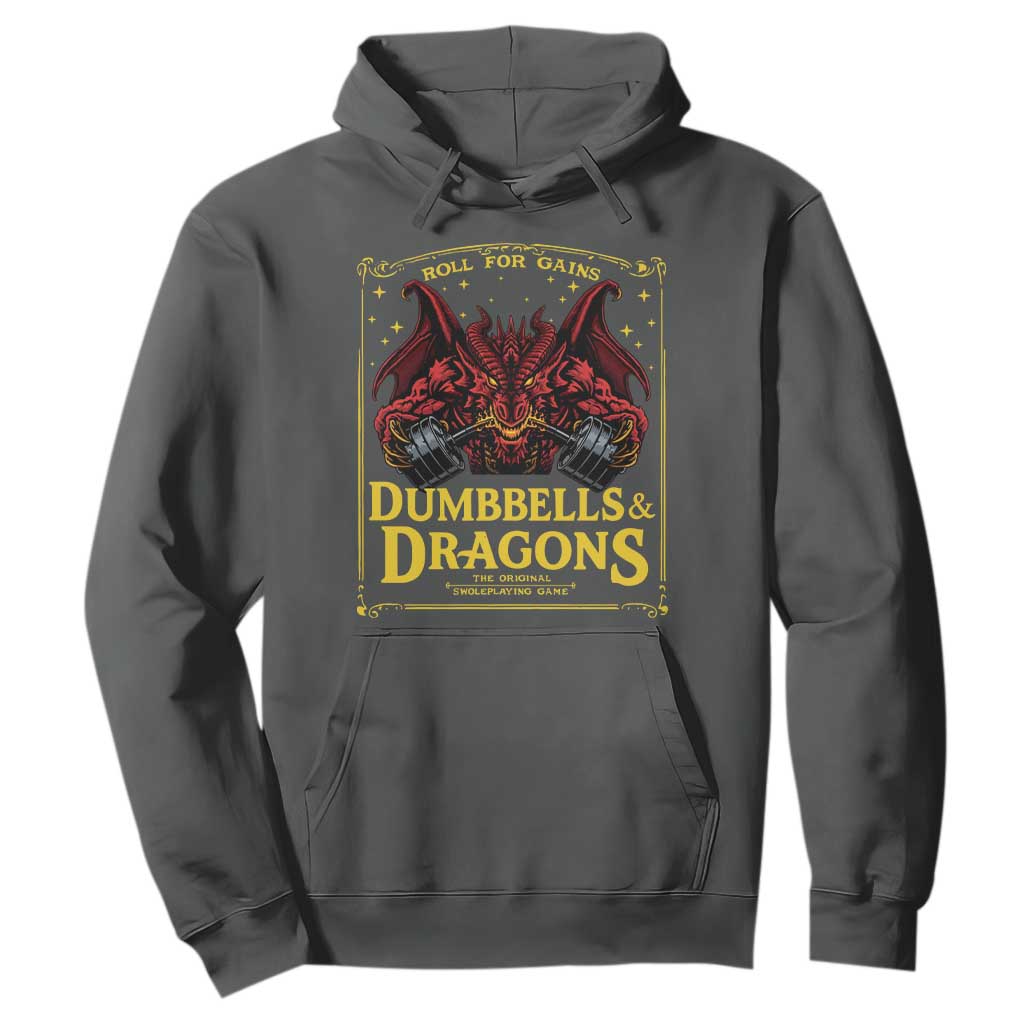 Funny RPG Weightlifting Workout Gym Hoodie Dumbbells And Dragons The Original Swoleplaying Game TS11 Dark Heather Print Your Wear