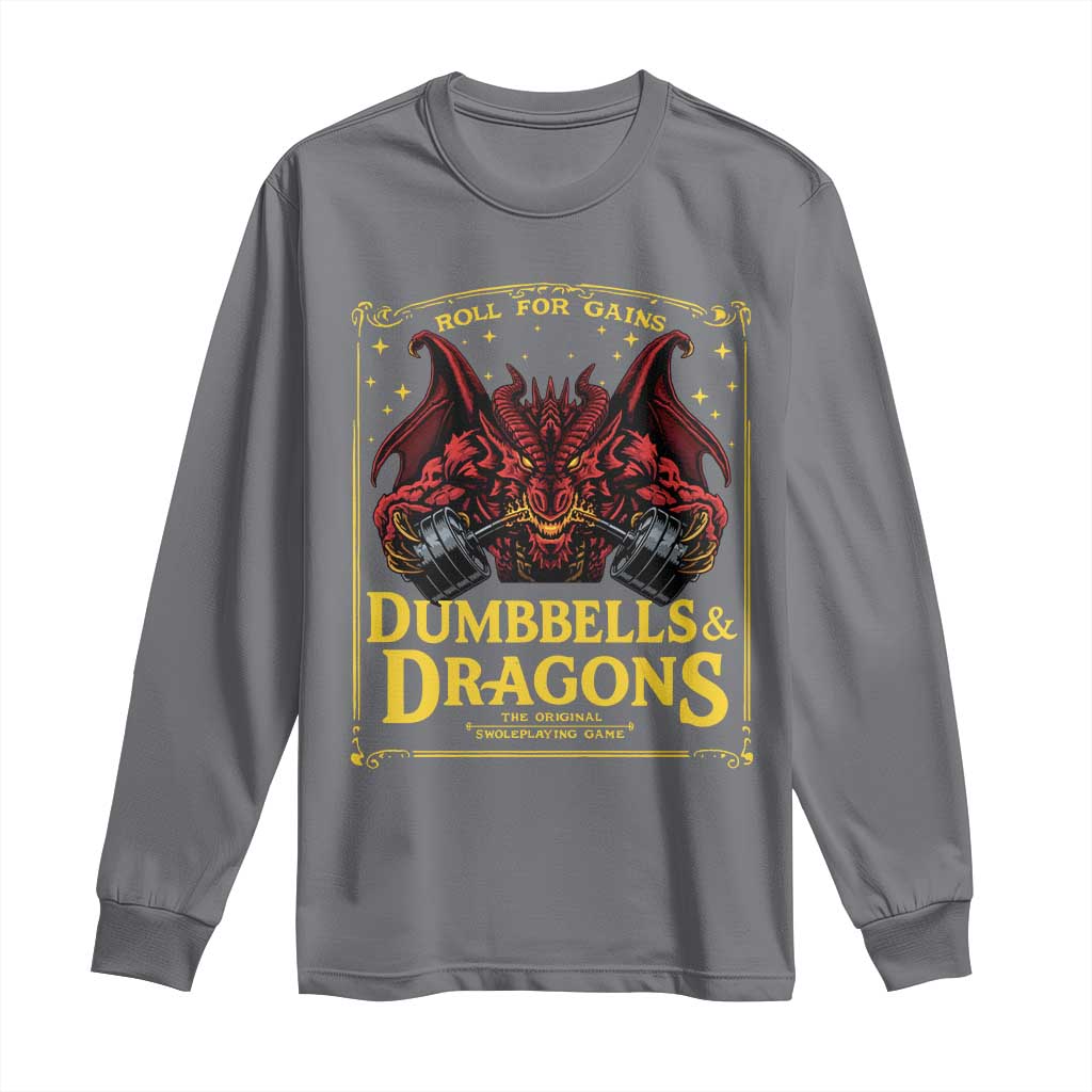 Funny RPG Weightlifting Workout Gym Long Sleeve Shirt Dumbbells And Dragons The Original Swoleplaying Game TS11 Charcoal Print Your Wear