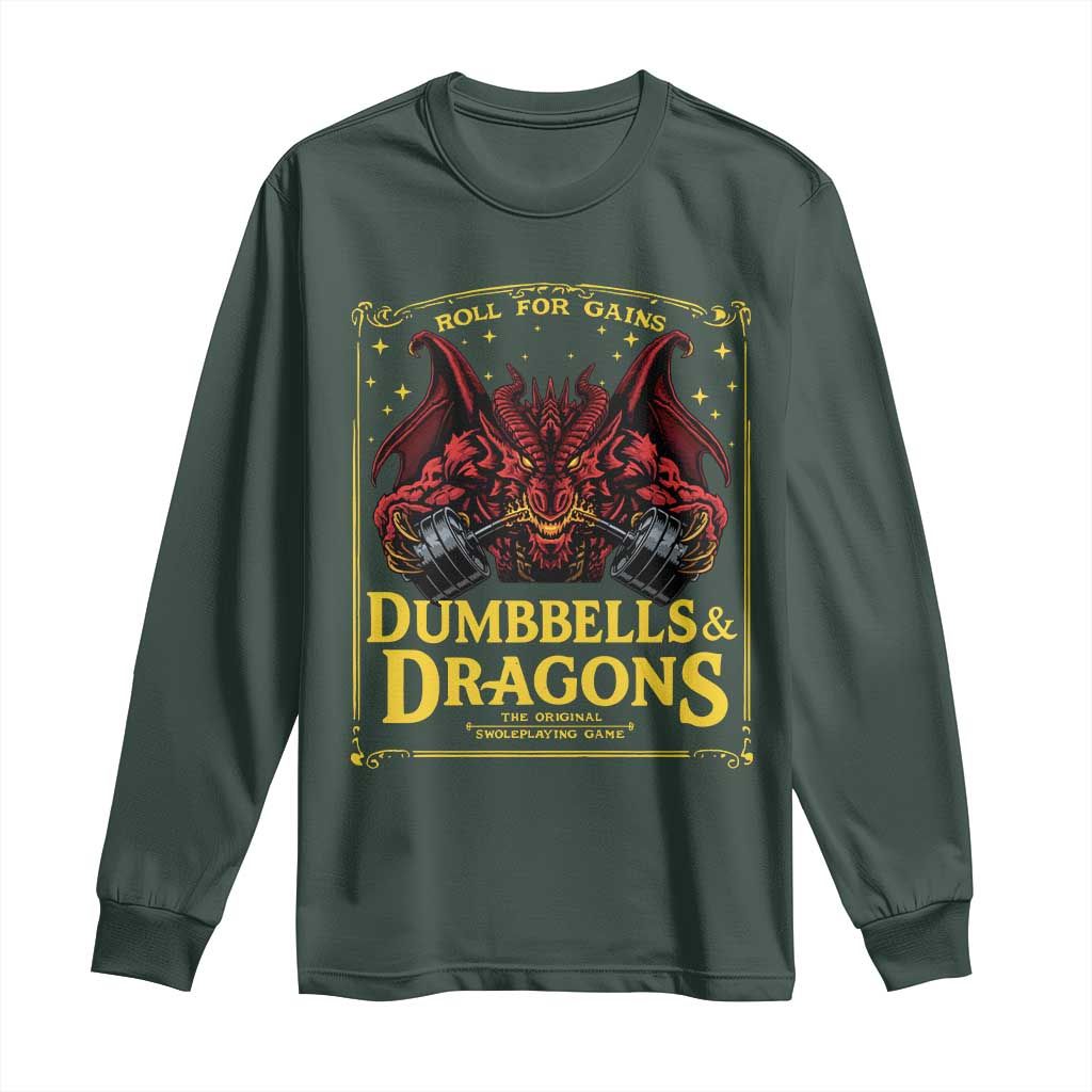 Funny RPG Weightlifting Workout Gym Long Sleeve Shirt Dumbbells And Dragons The Original Swoleplaying Game TS11 Dark Forest Green Print Your Wear