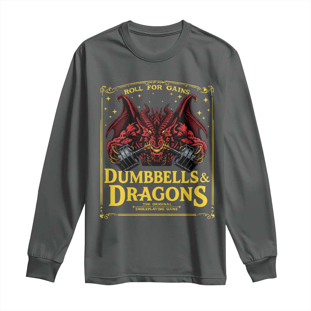 Funny RPG Weightlifting Workout Gym Long Sleeve Shirt Dumbbells And Dragons The Original Swoleplaying Game TS11 Dark Heather Print Your Wear