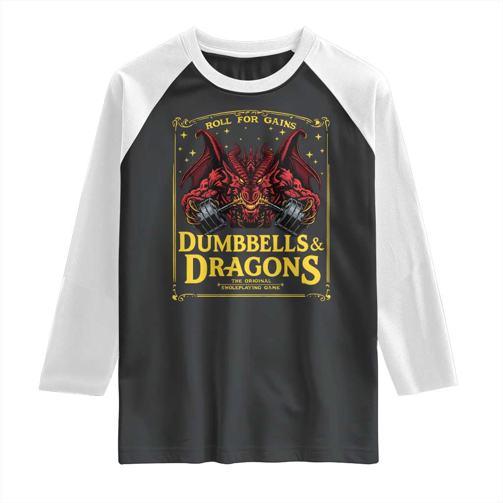Funny RPG Weightlifting Workout Gym Raglan Shirt Dumbbells And Dragons The Original Swoleplaying Game TS11 Black White Print Your Wear