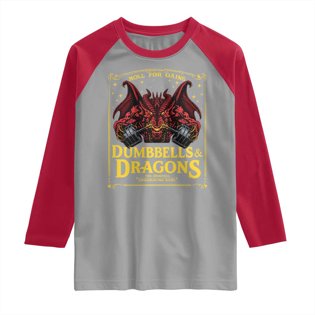 Funny RPG Weightlifting Workout Gym Raglan Shirt Dumbbells And Dragons The Original Swoleplaying Game TS11 Sport Gray Red Print Your Wear