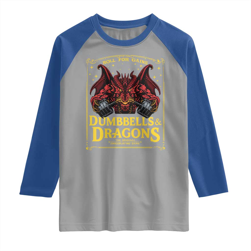 Funny RPG Weightlifting Workout Gym Raglan Shirt Dumbbells And Dragons The Original Swoleplaying Game TS11 Sport Gray Royal Print Your Wear
