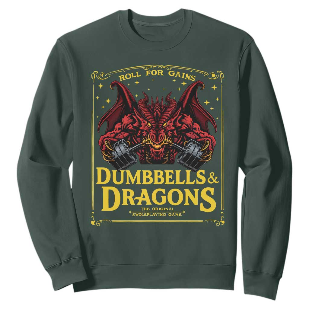 Funny RPG Weightlifting Workout Gym Sweatshirt Dumbbells And Dragons The Original Swoleplaying Game TS11 Dark Forest Green Print Your Wear