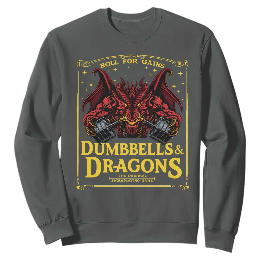 Funny RPG Weightlifting Workout Gym Sweatshirt Dumbbells And Dragons The Original Swoleplaying Game TS11 Dark Heather Print Your Wear