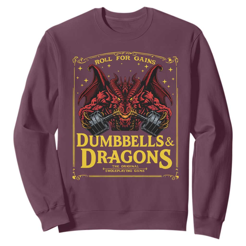 Funny RPG Weightlifting Workout Gym Sweatshirt Dumbbells And Dragons The Original Swoleplaying Game TS11 Maroon Print Your Wear