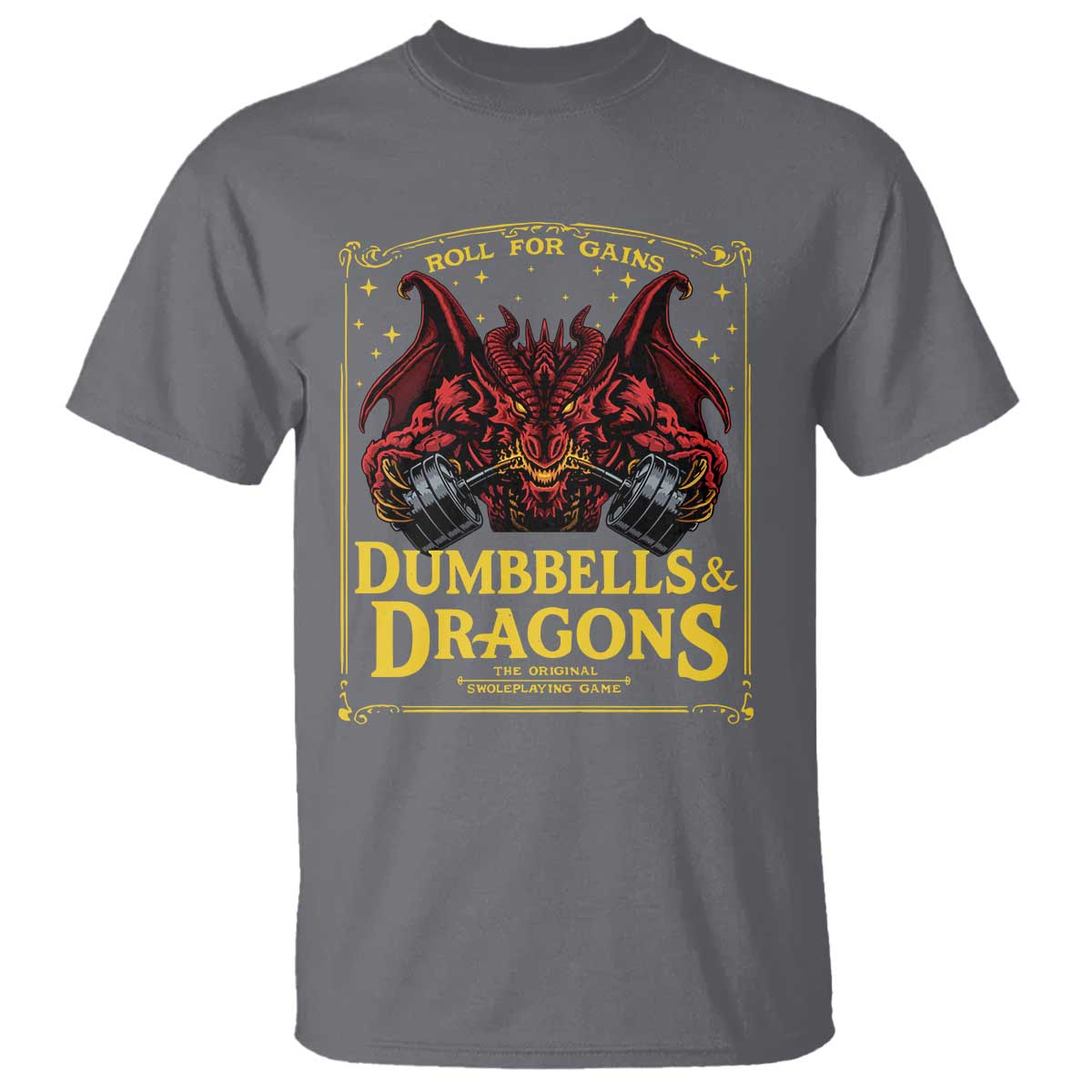 Funny RPG Weightlifting Workout Gym T Shirt - Dumbbells And Dragons The Original Swoleplaying Game TS11 Charcoal Print Your Wear