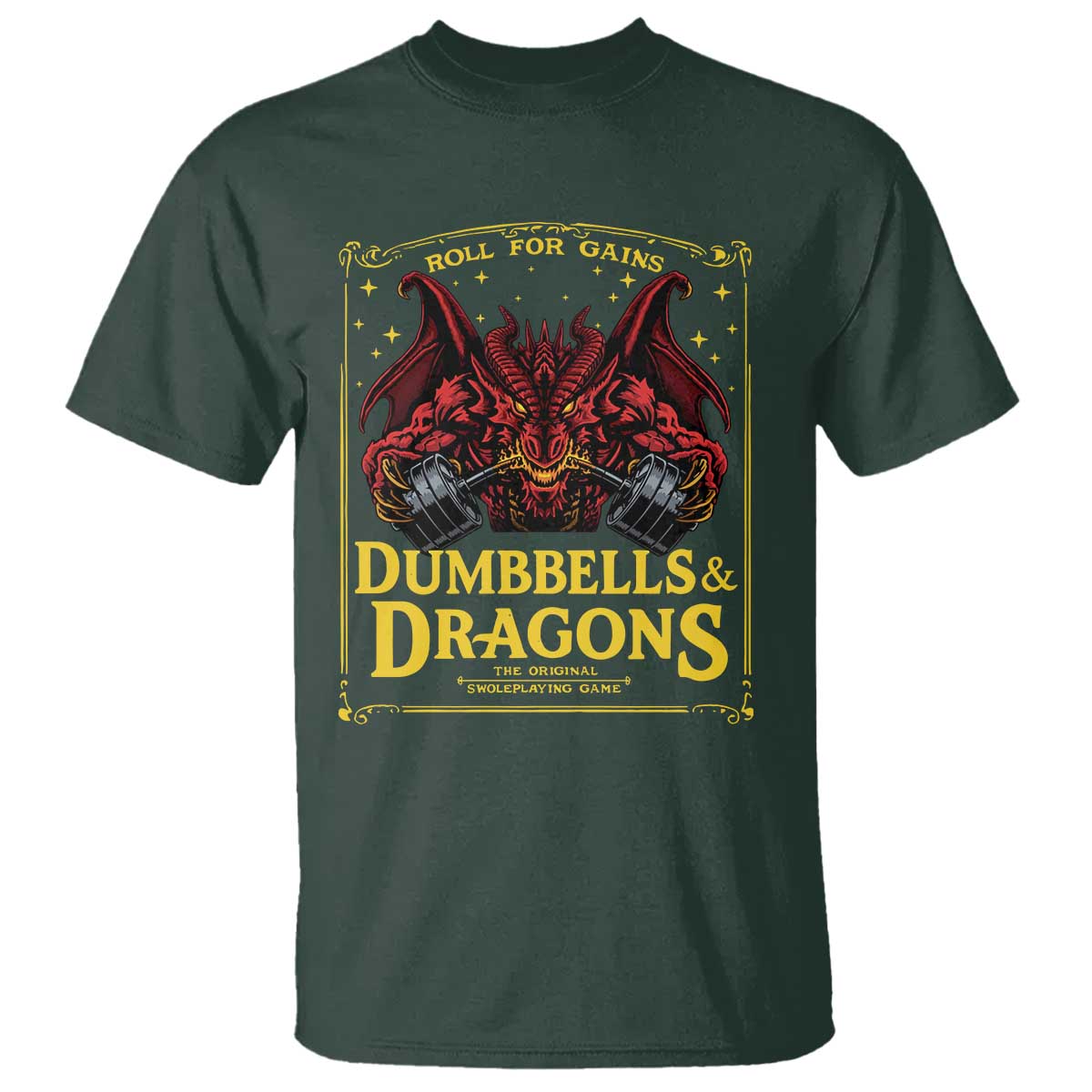 Funny RPG Weightlifting Workout Gym T Shirt - Dumbbells And Dragons The Original Swoleplaying Game TS11 Dark Forest Green Print Your Wear