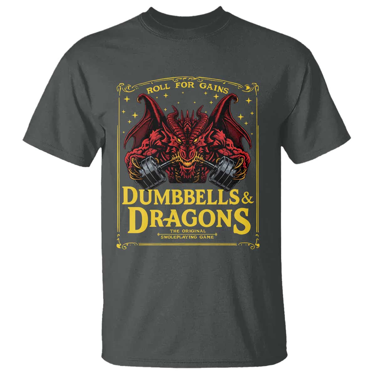 Funny RPG Weightlifting Workout Gym T Shirt - Dumbbells And Dragons The Original Swoleplaying Game TS11 Dark Heather Print Your Wear