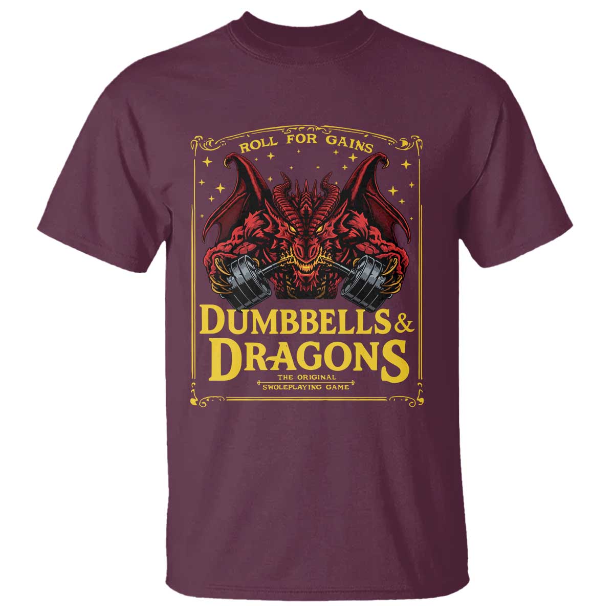Funny RPG Weightlifting Workout Gym T Shirt - Dumbbells And Dragons The Original Swoleplaying Game TS11 Maroon Print Your Wear