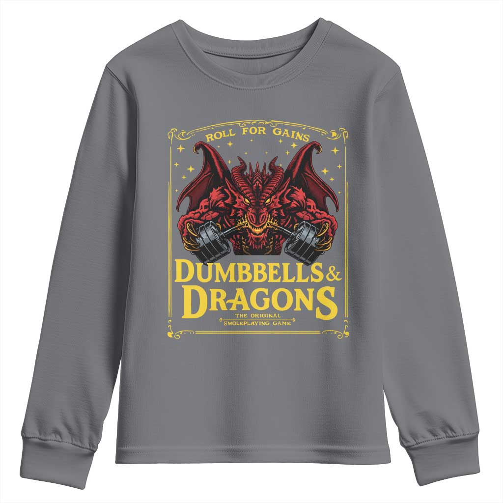 Funny RPG Weightlifting Workout Gym Youth Sweatshirt Dumbbells And Dragons The Original Swoleplaying Game TS11 Charcoal Print Your Wear