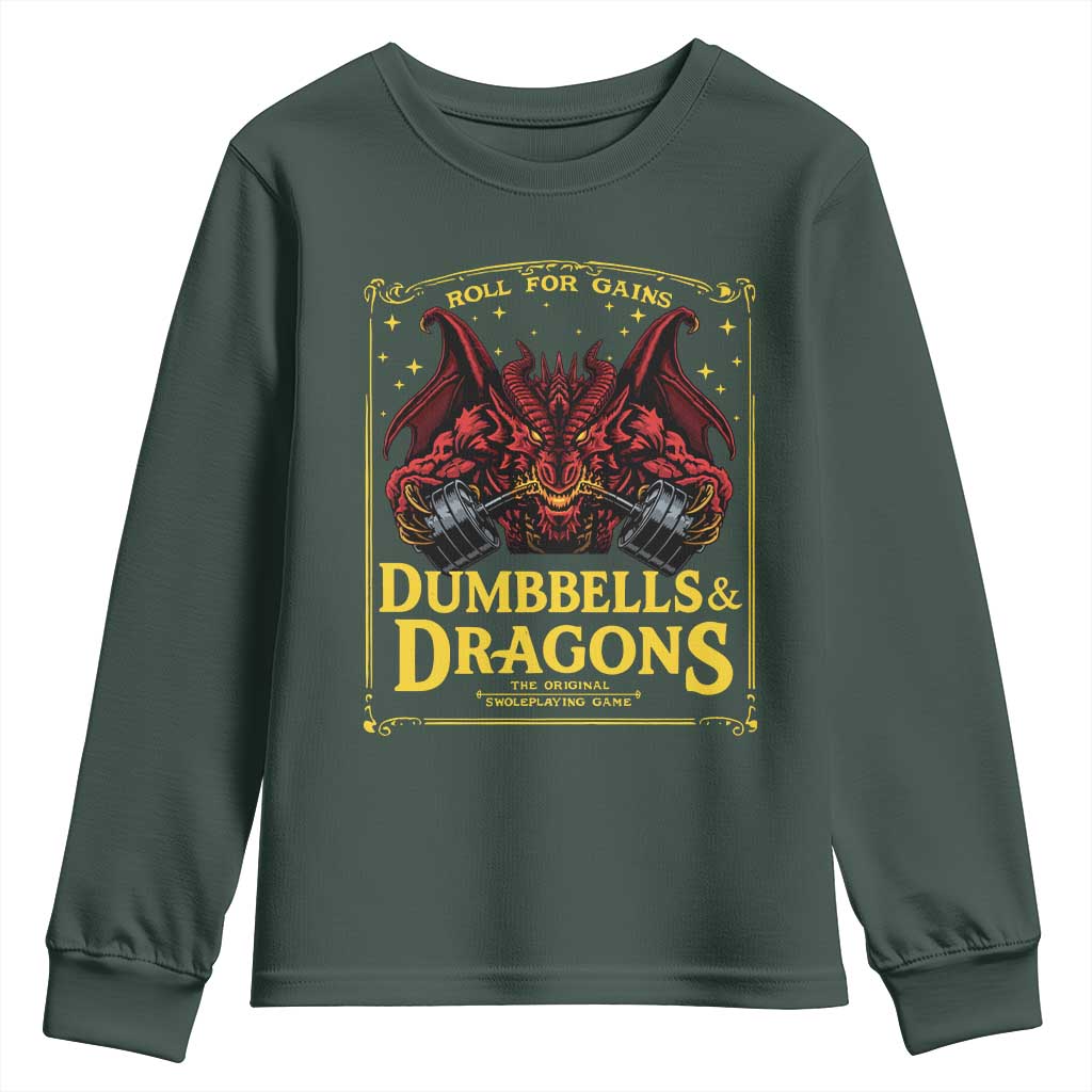 Funny RPG Weightlifting Workout Gym Youth Sweatshirt Dumbbells And Dragons The Original Swoleplaying Game TS11 Dark Forest Green Print Your Wear