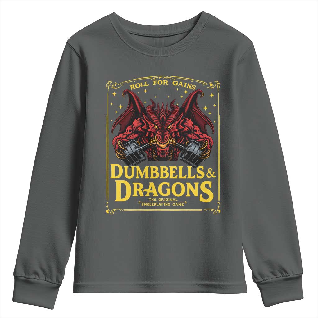 Funny RPG Weightlifting Workout Gym Youth Sweatshirt Dumbbells And Dragons The Original Swoleplaying Game TS11 Dark Heather Print Your Wear