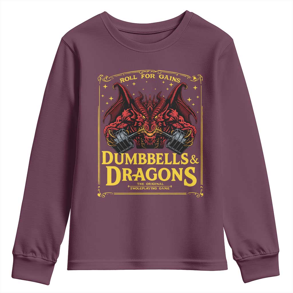 Funny RPG Weightlifting Workout Gym Youth Sweatshirt Dumbbells And Dragons The Original Swoleplaying Game TS11 Maroon Print Your Wear