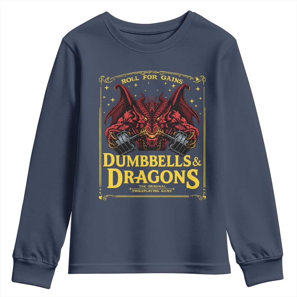 Funny RPG Weightlifting Workout Gym Youth Sweatshirt Dumbbells And Dragons The Original Swoleplaying Game TS11 Navy Print Your Wear