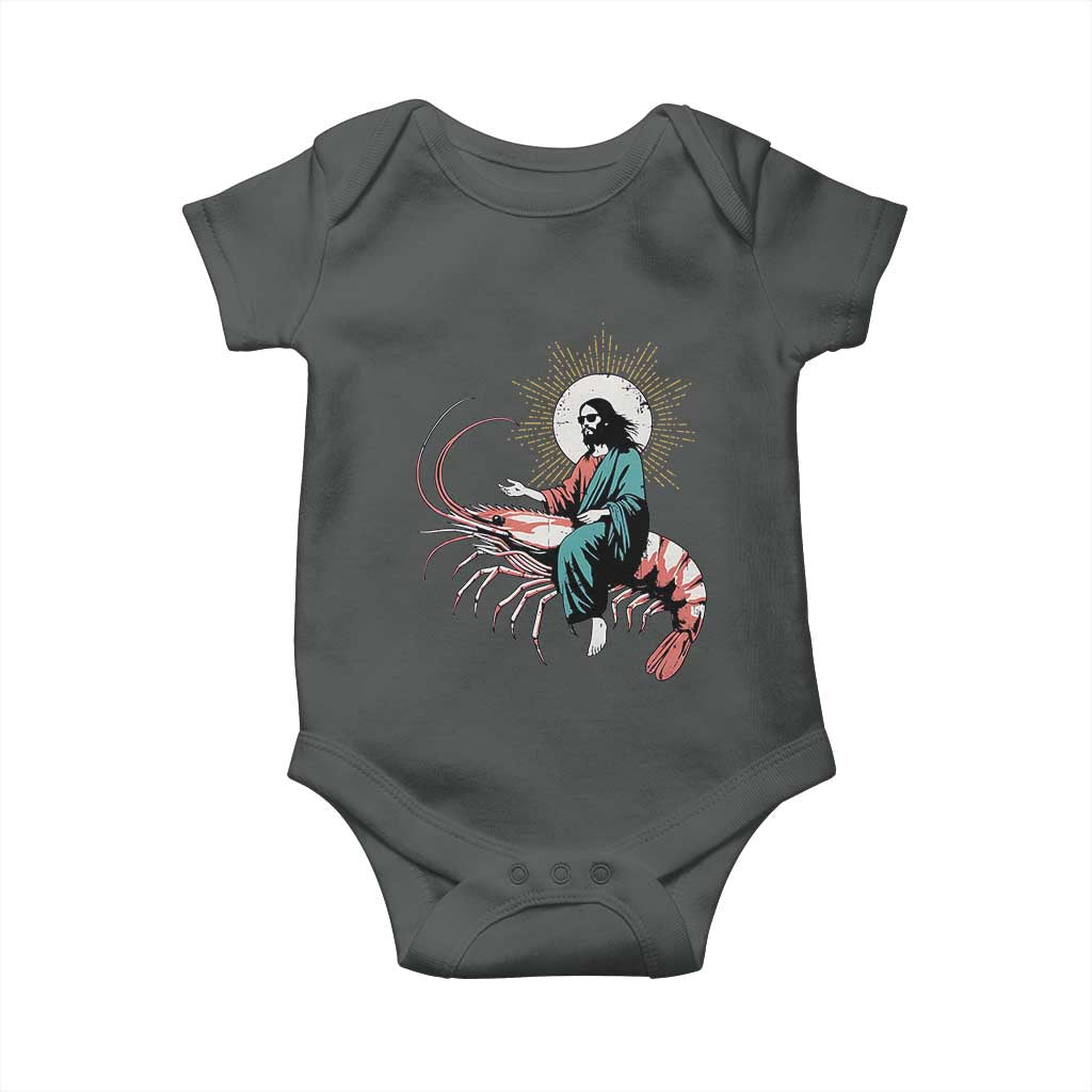 Funny Christian Prawn Baby Onesie Retro Jesus Riding A Shrimp Meme TS11 Dark Heather Print Your Wear