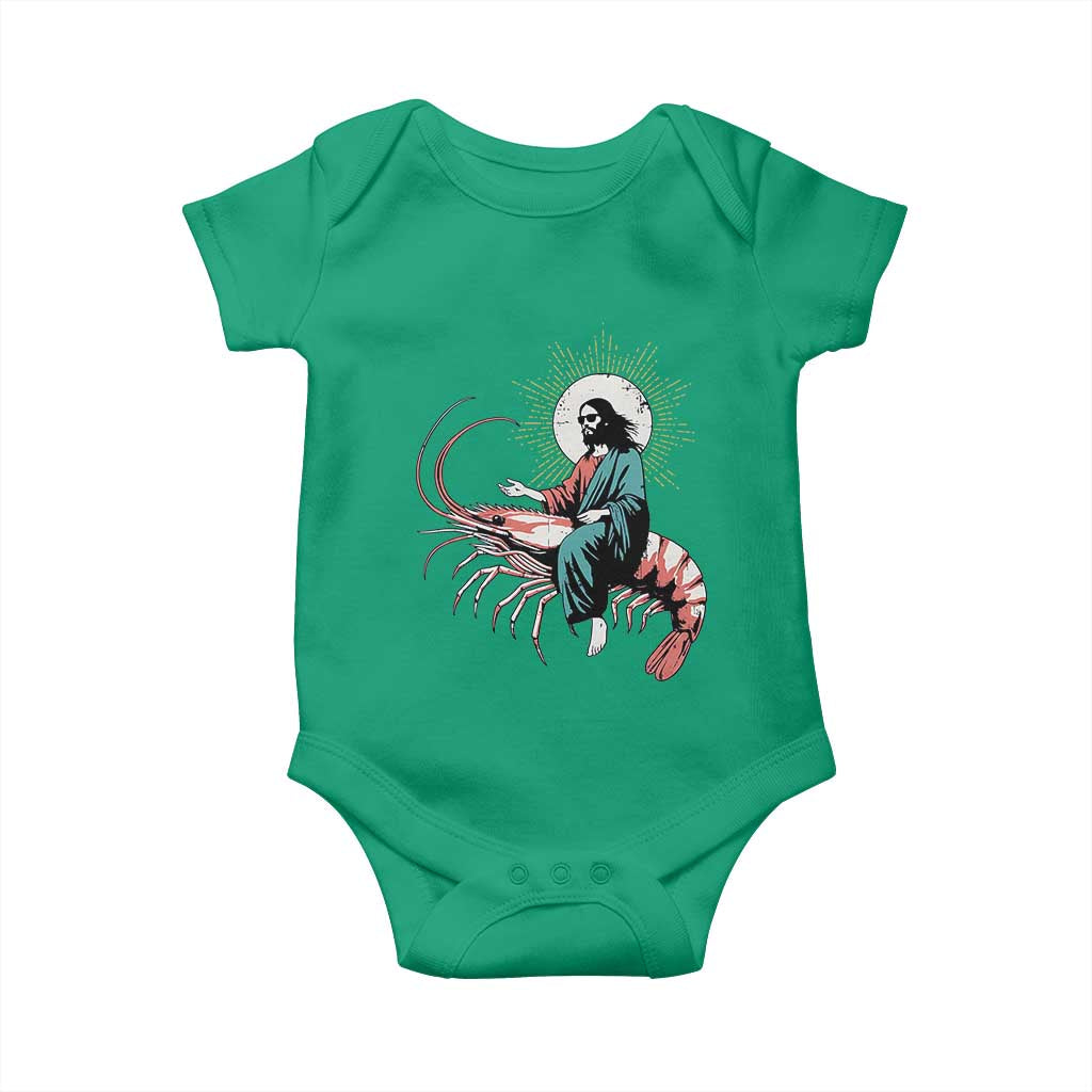 Funny Christian Prawn Baby Onesie Retro Jesus Riding A Shrimp Meme TS11 Irish Green Print Your Wear