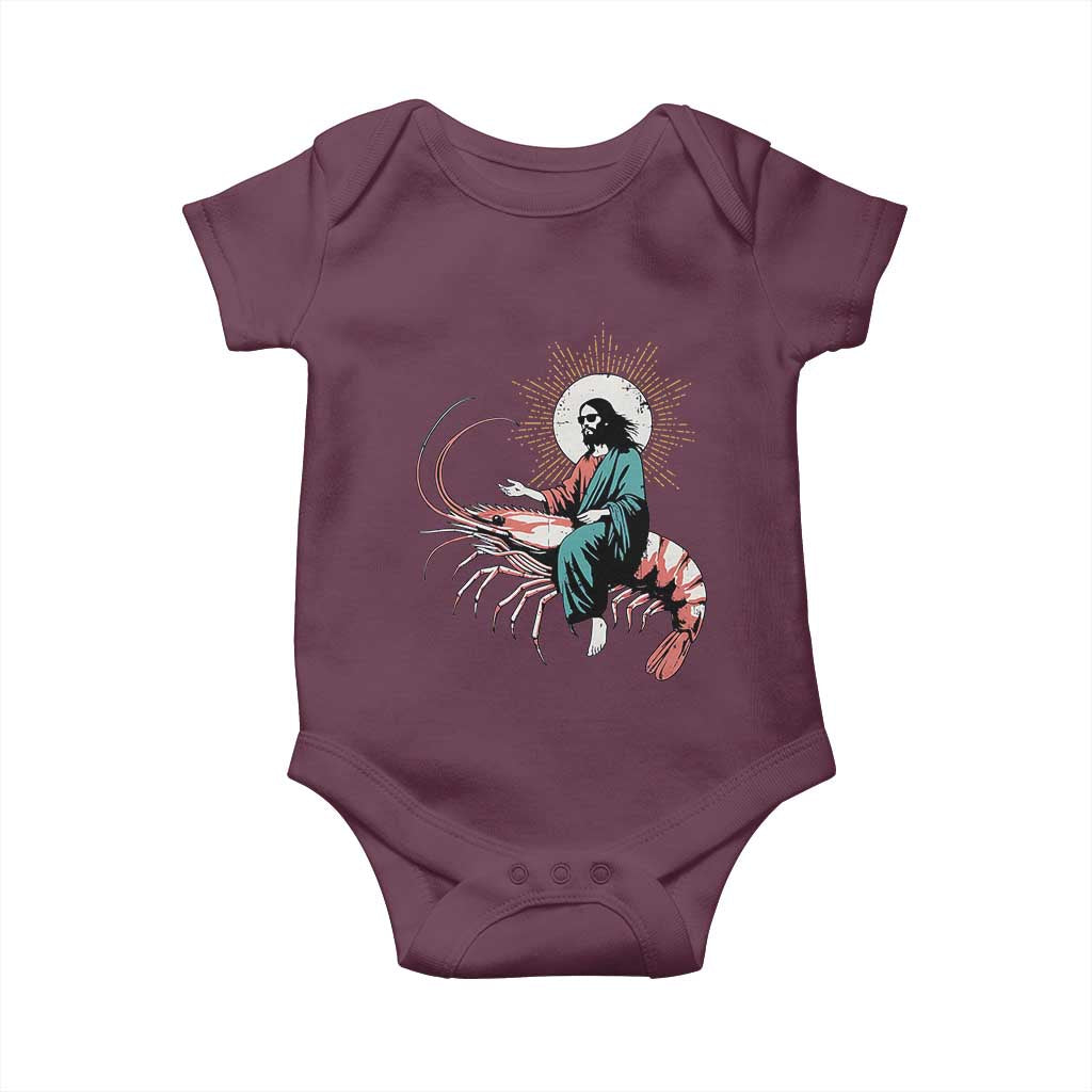 Funny Christian Prawn Baby Onesie Retro Jesus Riding A Shrimp Meme TS11 Maroon Print Your Wear