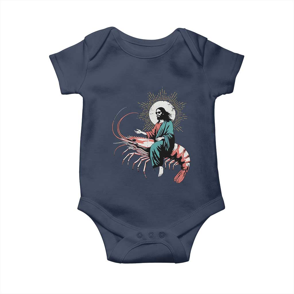 Funny Christian Prawn Baby Onesie Retro Jesus Riding A Shrimp Meme TS11 Navy Print Your Wear
