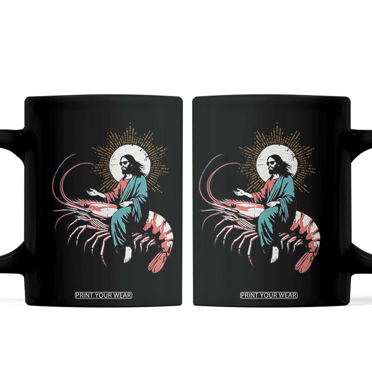 Funny Christian Prawn Coffee Mug Retro Jesus Riding A Shrimp Meme TS11 Black Print Your Wear