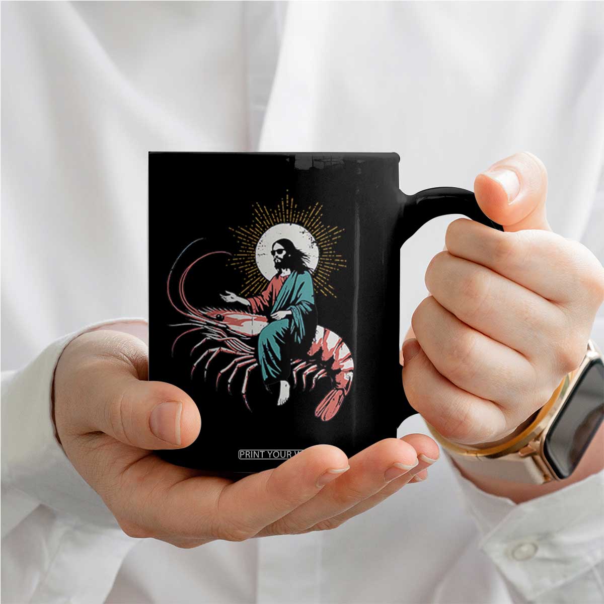 Funny Christian Prawn Coffee Mug Retro Jesus Riding A Shrimp Meme TS11 Print Your Wear
