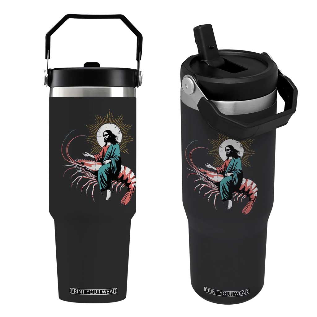 Funny Christian Prawn Flip Straw Tumbler Retro Jesus Riding A Shrimp Meme TS11 One Size: 30 oz Black Print Your Wear