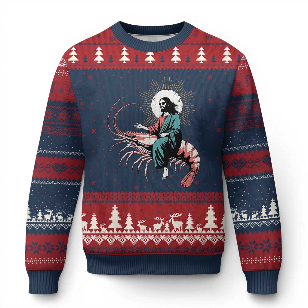 Funny Christian Prawn Ugly Christmas Sweater Retro Jesus Riding A Shrimp Meme TS11 Navy Red Print Your Wear