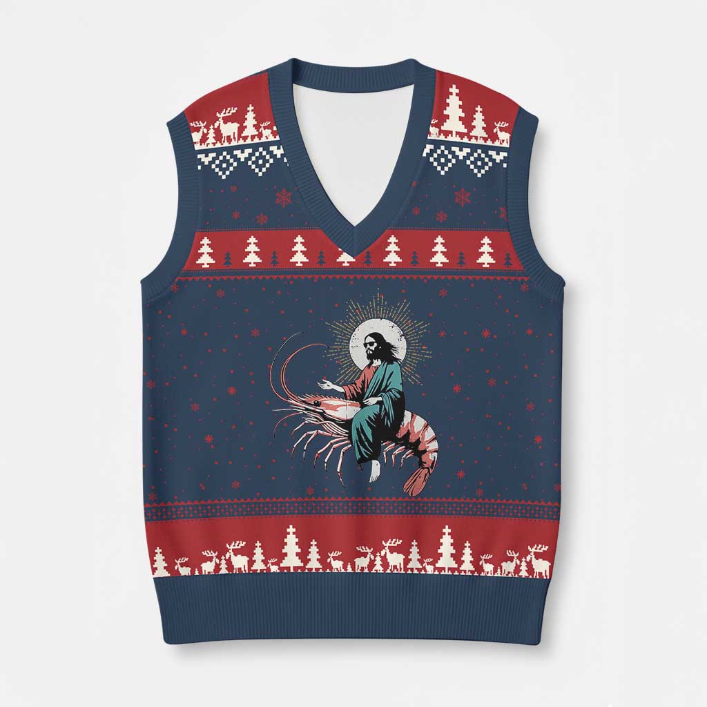 Funny Christian Prawn V-Neck Knit Sweater Vest Retro Jesus Riding A Shrimp Meme TS11 Navy Red Print Your Wear