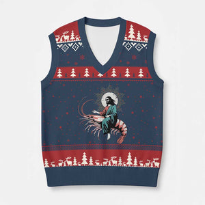 Funny Christian Prawn V-Neck Knit Sweater Vest Retro Jesus Riding A Shrimp Meme TS11 Navy Red Print Your Wear