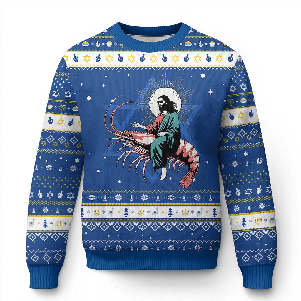 Funny Christian Prawn Hanukkah Ugly Sweater Retro Jesus Riding A Shrimp Meme TS11 Blue White Print Your Wear