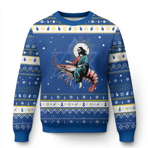 Funny Christian Prawn Hanukkah Ugly Sweater Retro Jesus Riding A Shrimp Meme TS11 Blue White Print Your Wear