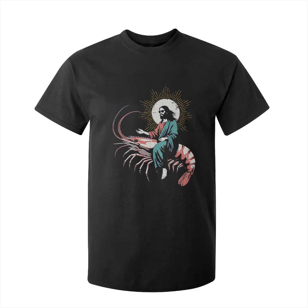 Funny Christian Prawn T Shirt For Kid Retro Jesus Riding A Shrimp Meme TS11 Black Print Your Wear