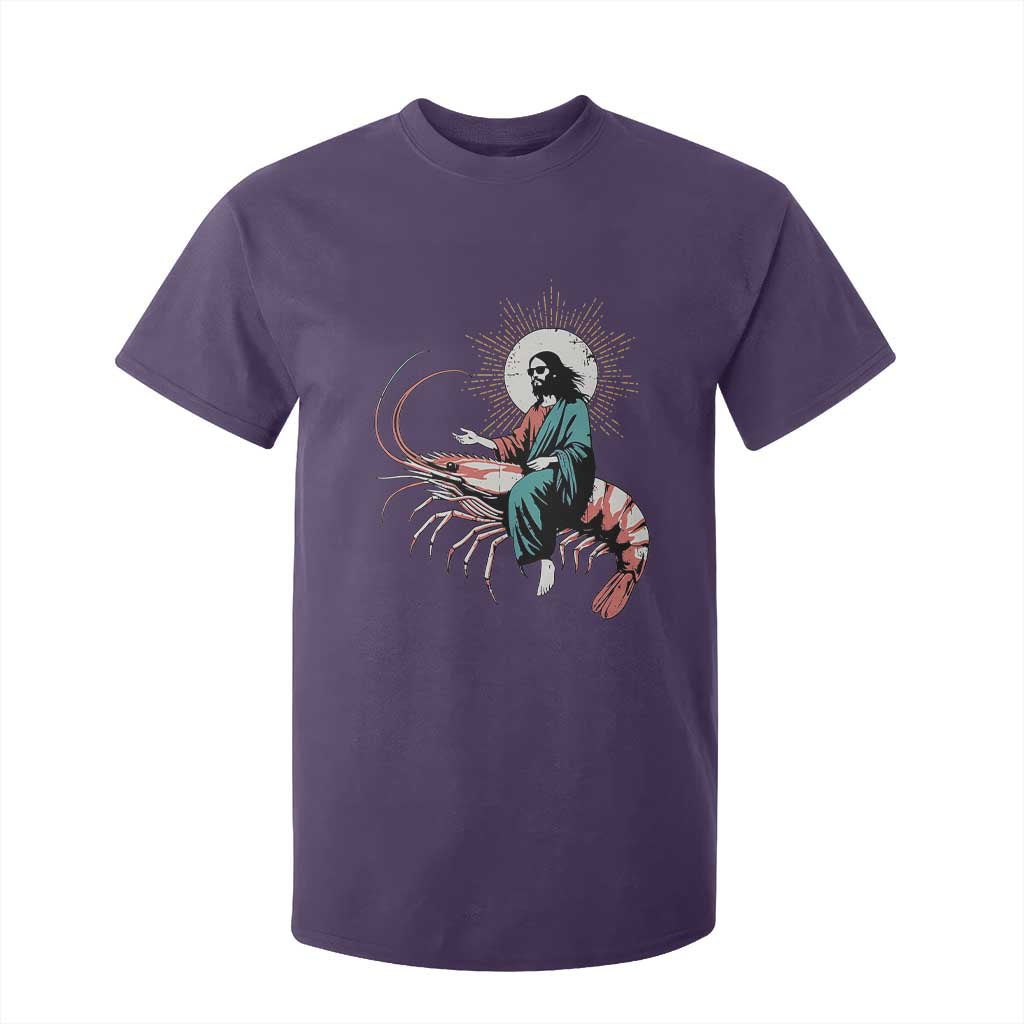 Funny Christian Prawn T Shirt For Kid Retro Jesus Riding A Shrimp Meme TS11 Purple Print Your Wear