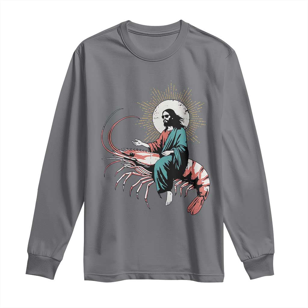 Funny Christian Prawn Long Sleeve Shirt Retro Jesus Riding A Shrimp Meme TS11 Charcoal Print Your Wear