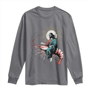 Funny Christian Prawn Long Sleeve Shirt Retro Jesus Riding A Shrimp Meme TS11 Charcoal Print Your Wear