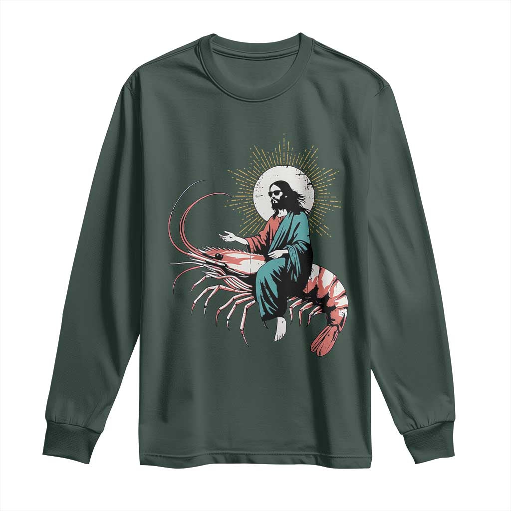 Funny Christian Prawn Long Sleeve Shirt Retro Jesus Riding A Shrimp Meme TS11 Dark Forest Green Print Your Wear