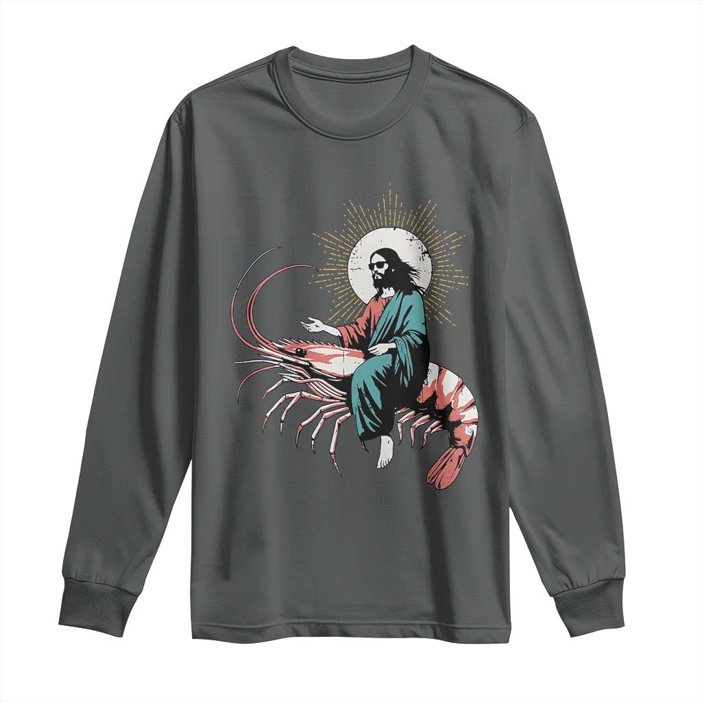 Funny Christian Prawn Long Sleeve Shirt Retro Jesus Riding A Shrimp Meme TS11 Dark Heather Print Your Wear