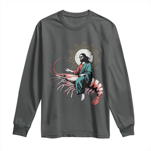 Funny Christian Prawn Long Sleeve Shirt Retro Jesus Riding A Shrimp Meme TS11 Dark Heather Print Your Wear