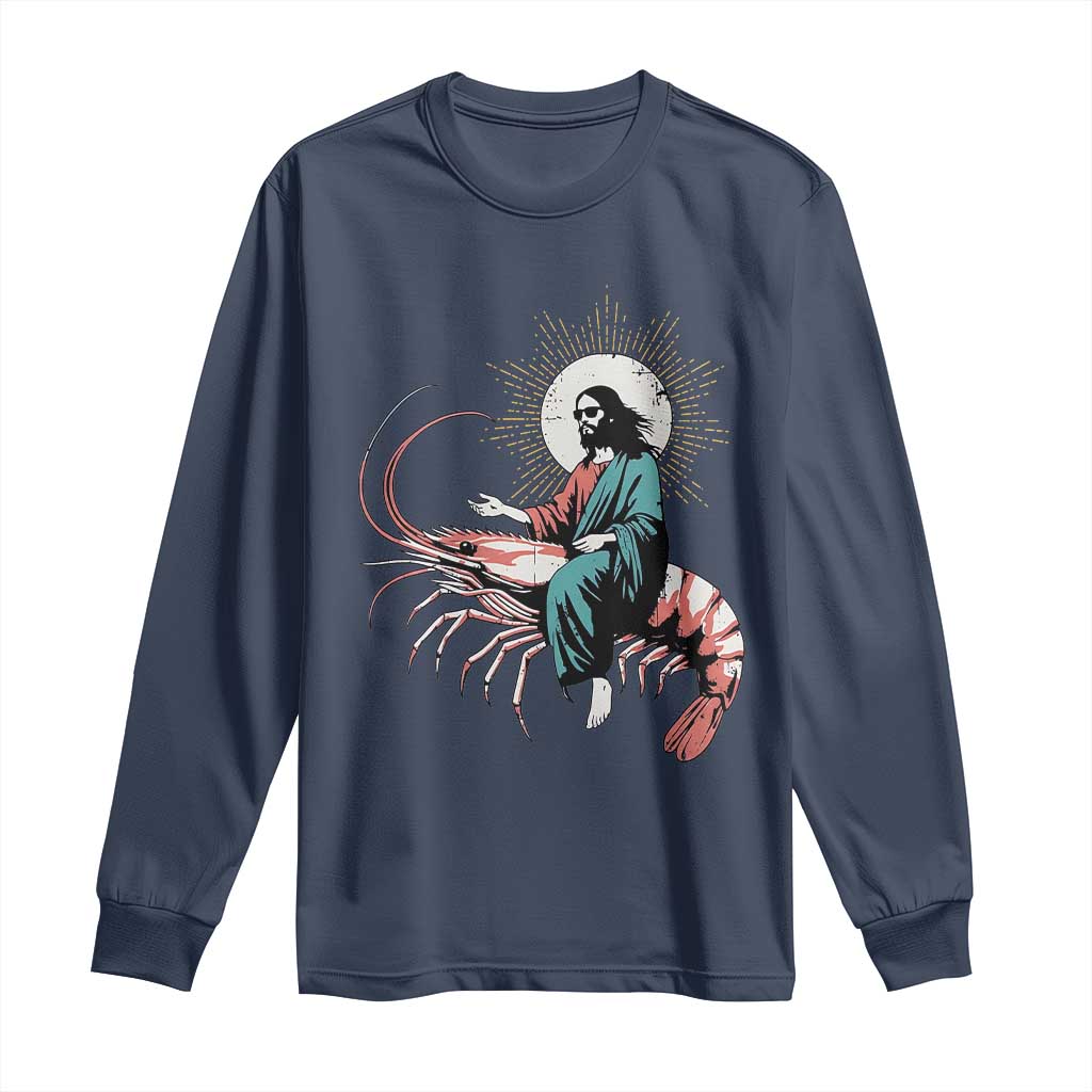Funny Christian Prawn Long Sleeve Shirt Retro Jesus Riding A Shrimp Meme TS11 Navy Print Your Wear