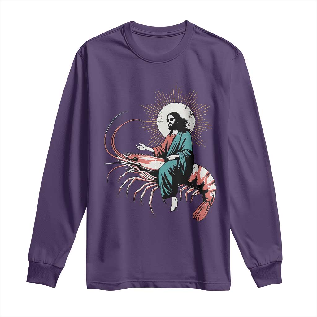 Funny Christian Prawn Long Sleeve Shirt Retro Jesus Riding A Shrimp Meme TS11 Purple Print Your Wear